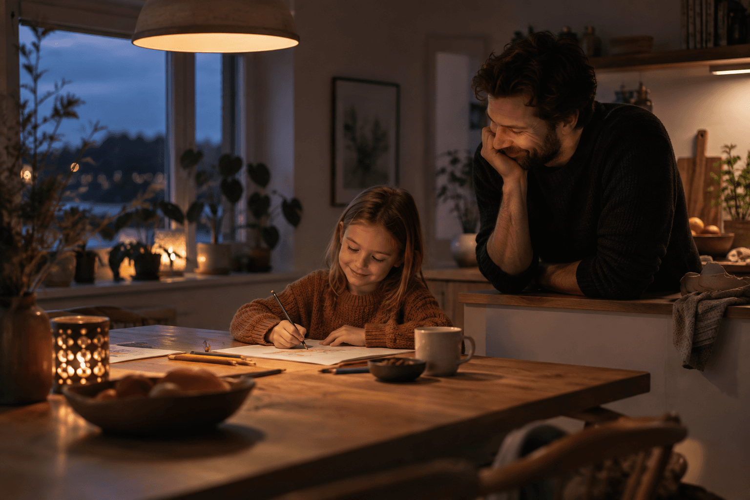 A parent smiling as their daughter draws at the kitchen table in the evening