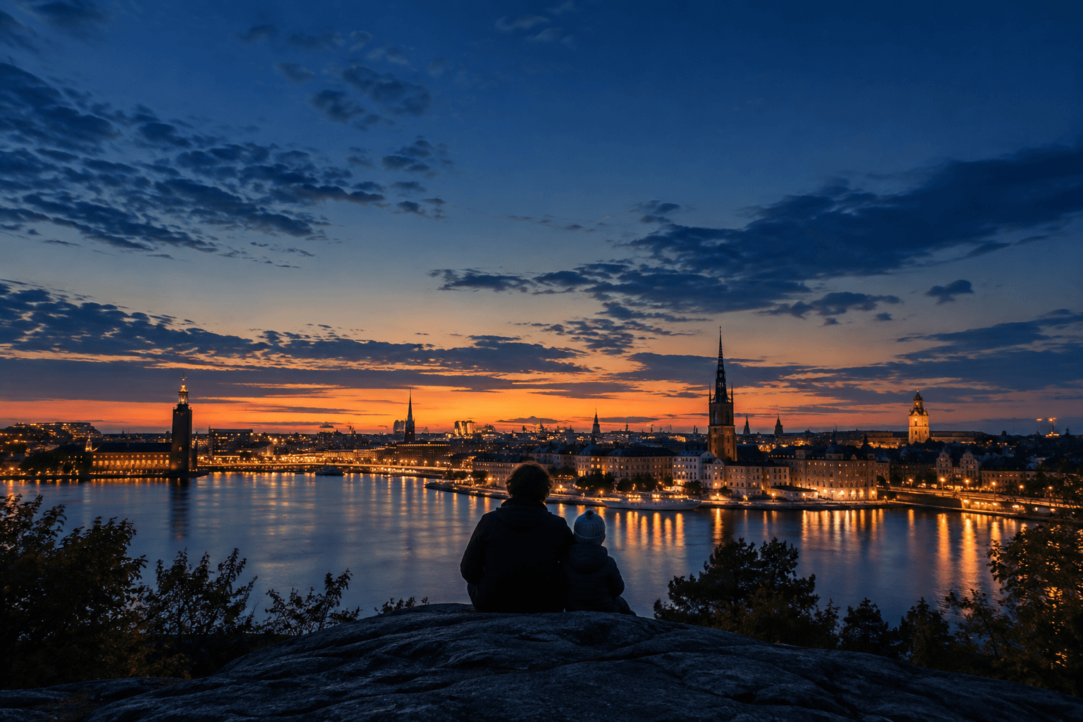 A parent and child looking out over Stockholm's waterfront at dusk